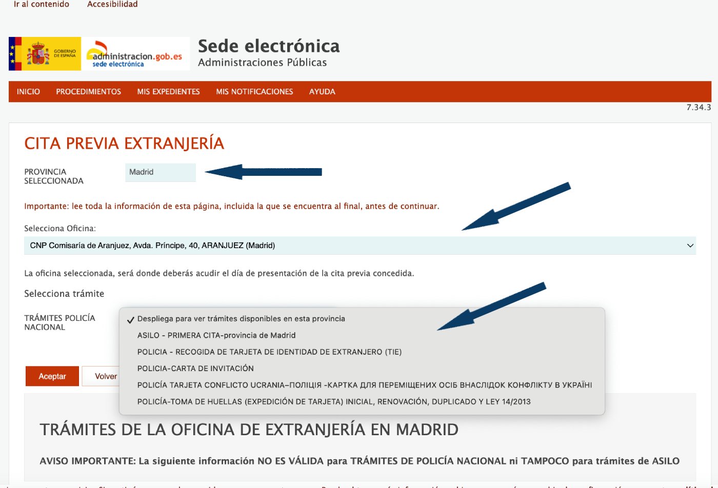 Selección de tramite policía u oficina extranjería