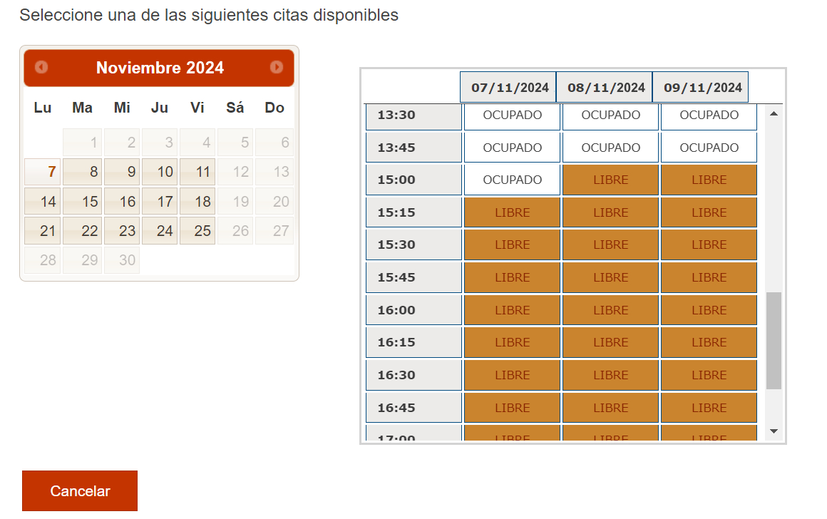 Calendario selección fecha cita extranjería